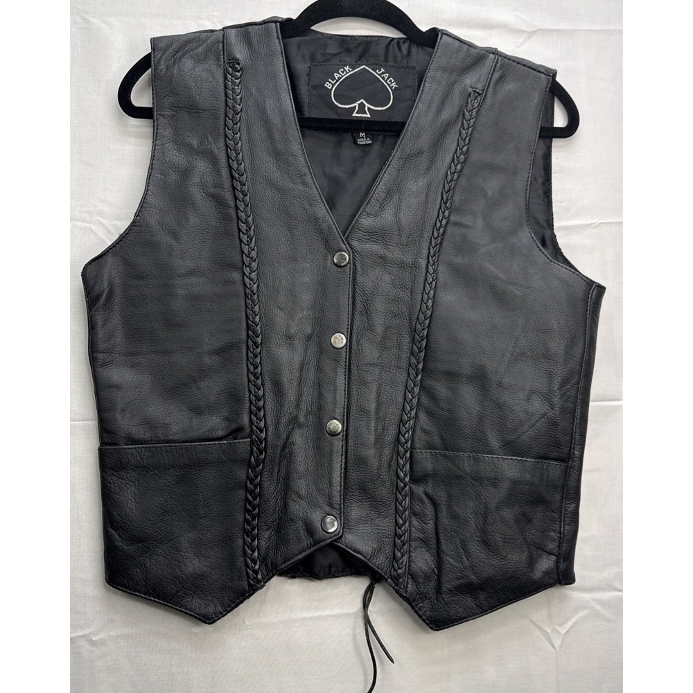 Black jack Braided Leather Motorcycle Grunge Street wear‎ Vest Size M Women's